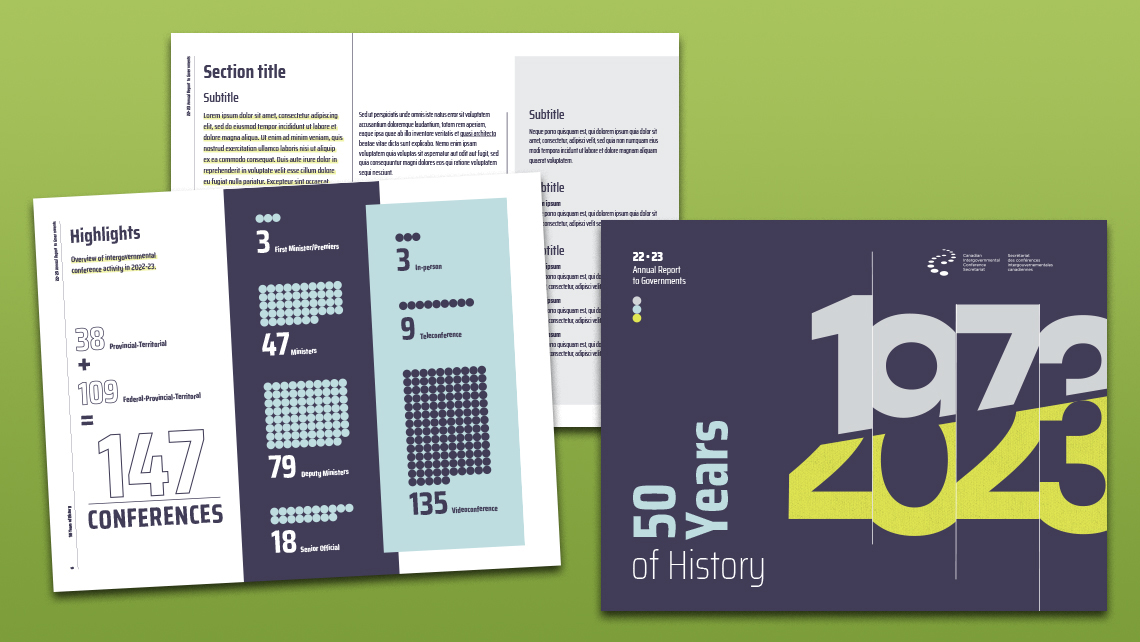 Cover of the CICS 2022–23 annual report celebrating 50 years of history, featuring the years 1973–2023, along with a highlights page showing 147 conferences and participation data.