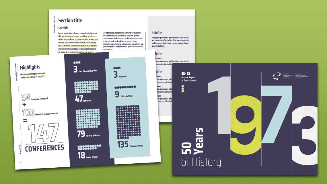 Cover of the CICS 2022–23 annual report in a flat design style inspired by 1973, along with a highlights page featuring dot based data visualizations illustrating provincial, federal, and meeting format conferences.