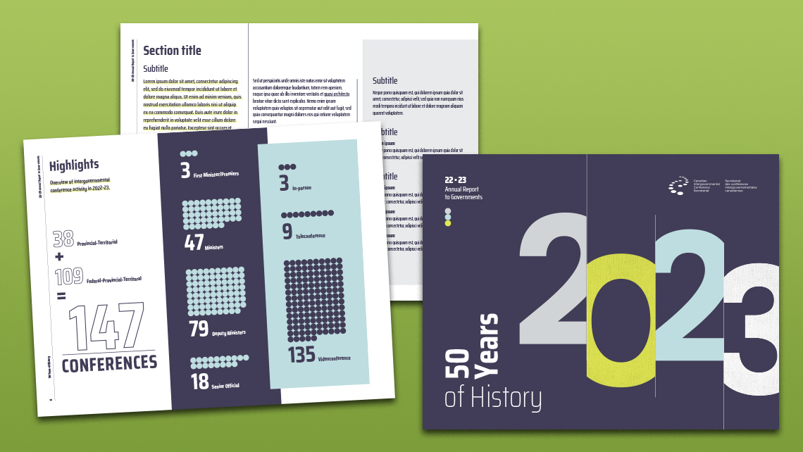 Minimalist cover of the CICS 2022–23 annual report featuring clean typography and a modern layout, along with a highlights page detailing 147 conferences, including provincial, federal, and meeting format breakdowns.