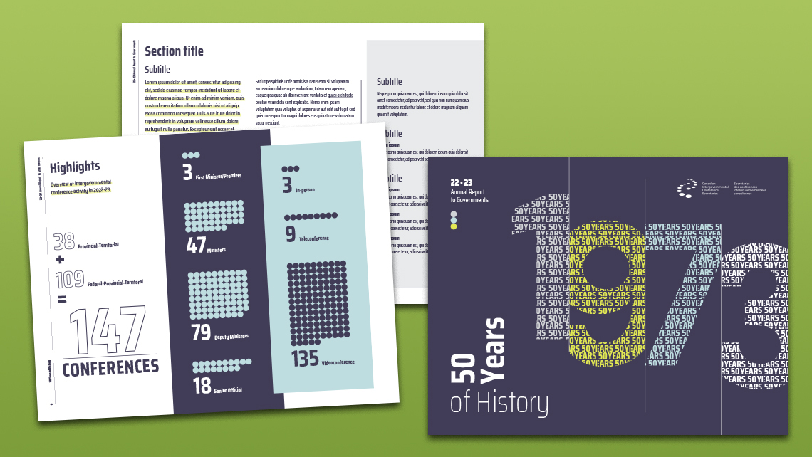 Retro style cover of the CICS 2022–23 annual report celebrating 50 years of history, inspired by 1973 aesthetics, along with a highlights page presenting 147 conferences and data on ministers, first ministers, and meeting formats.