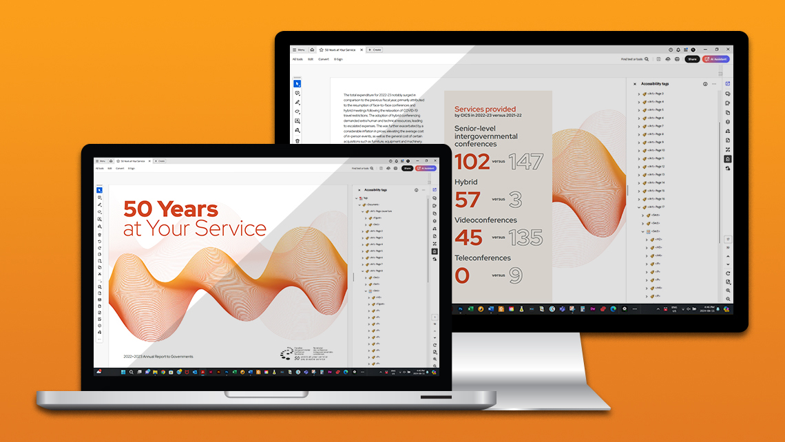 Two screens presenting the CICS annual report: a message "50 Years at Your Service" and a comparison of the 2022–2023 conferences versus 2021–2022, including hybrid, videoconference, and teleconference formats.