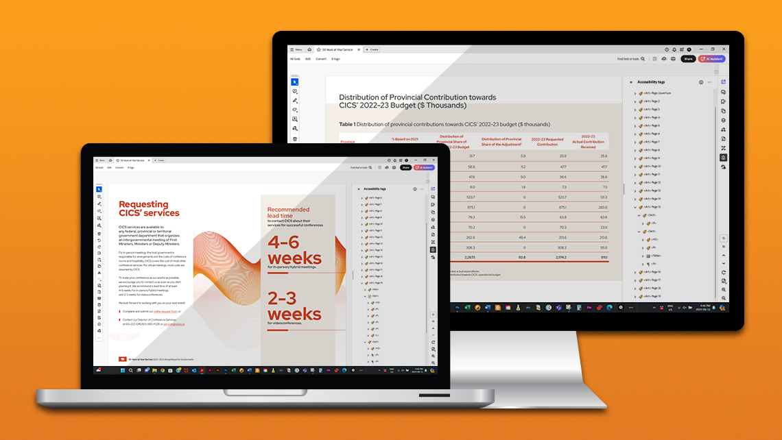 Two screens displaying a page explaining how to request CICS services, as well as a table detailing provincial contributions to the 2022–2023 budget.