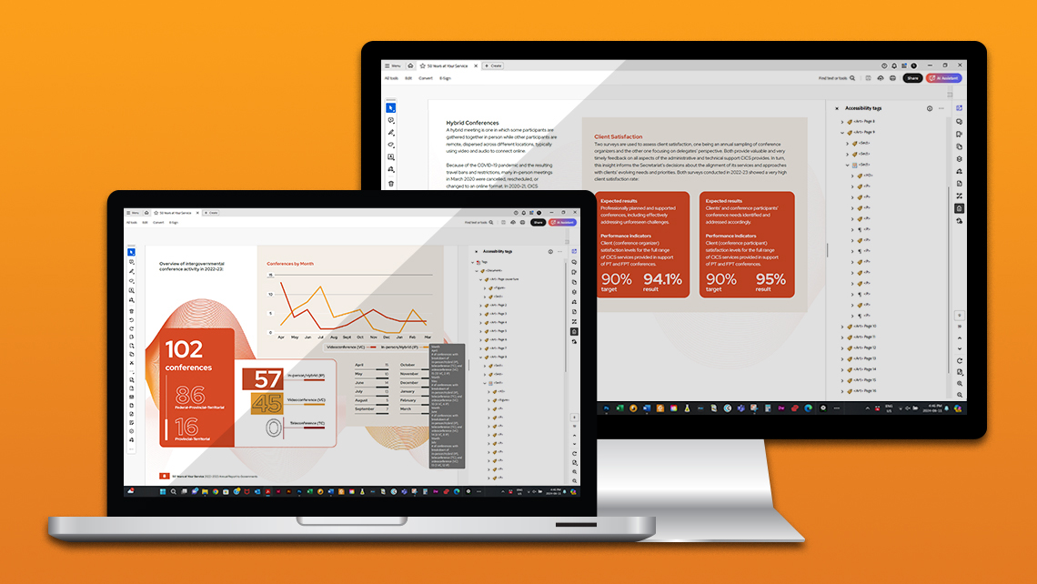 Two screens displaying an overview of the 2021–2022 conferences, including a monthly chart, as well as customer satisfaction results reaching 94.1% and 95%.