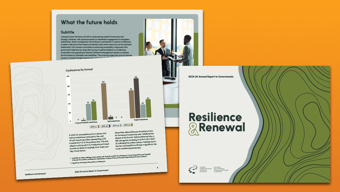 Alternative cover of the 2023–2024 annual report "Resilience & Renewal" depicting a tree symbolizing resilience and renewal, accompanied by a chart comparing conference formats (in-person, teleconference, videoconference).