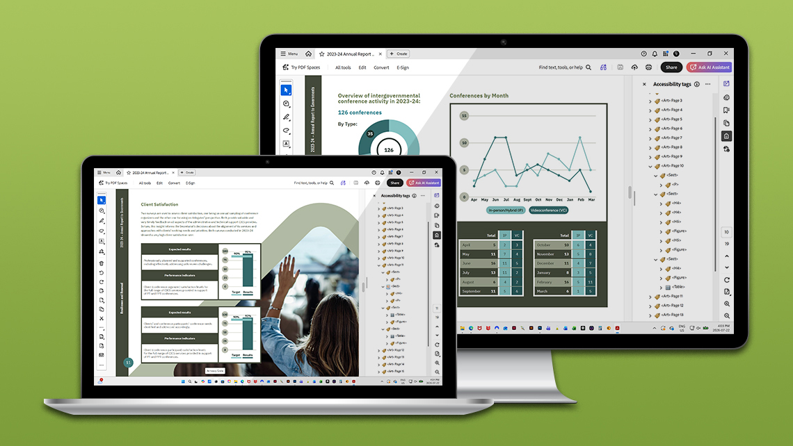 Pages of the 2023–2024 annual report presenting customer satisfaction results and an overview of 126 conferences with monthly charts.