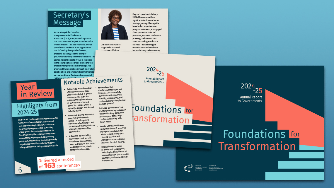 Alternate pages of the 2024–2025 annual report "Foundations for Transformation" including a message from the Secretary, a professional photo, and highlights of the conferences.