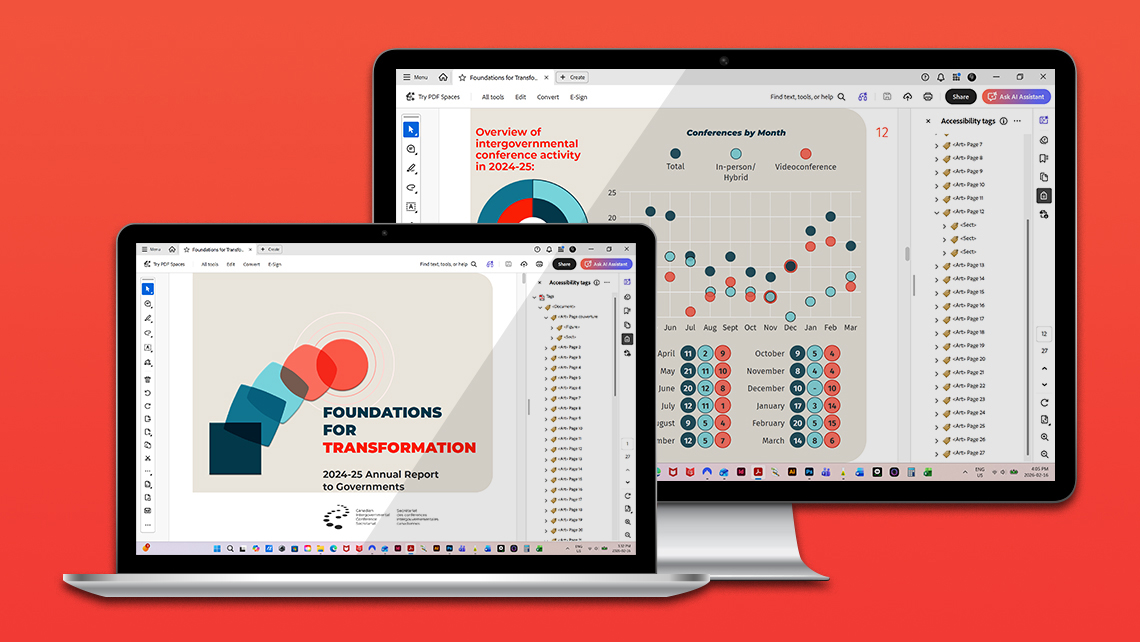 Cover of the 2024–2025 annual report "Foundations for Transformation" and monthly chart of conferences (total, hybrid, video conference).