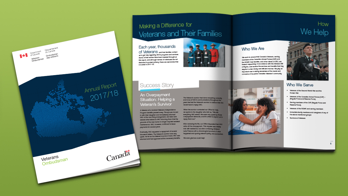 Pages du rapport annuel 2017 2018 du Bureau de l’Ombudsman des vétérans, avec une couverture illustrée d’une carte du Canada et des sections sur l’aide aux vétérans et leurs familles.