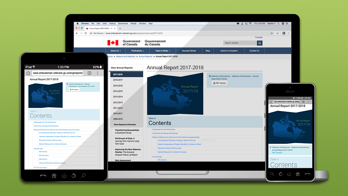 Page web du rapport annuel 2017 2018 de l’Ombudsman des vétérans affichée sur ordinateur, tablette et téléphone, avec navigation des rapports et table des matières.