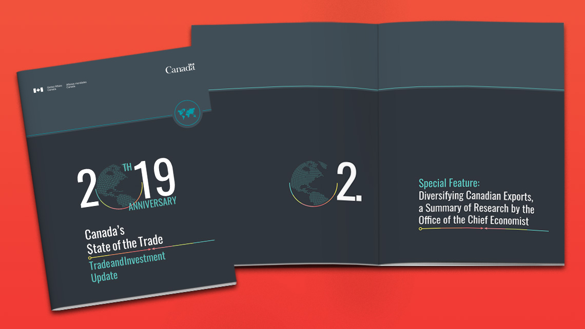 Couverture alternative de publication présentant « Canada’s State of the Trade: Trade and Investment Update », avec un visuel de globe stylisé et la mention « 2019 Anniversary ».