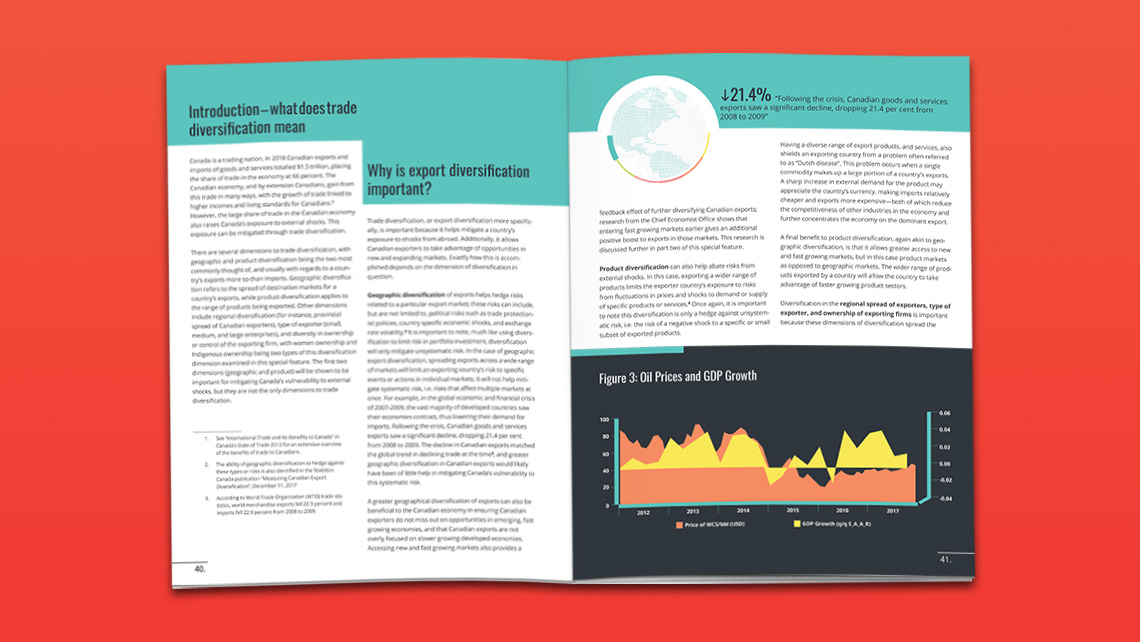 Pages alternatives du rapport expliquant la diversification du commerce, avec une infographie sur la baisse de 21,4 % des exportations et un graphique montrant les prix du pétrole et la croissance du PIB de 2012 à 2016.