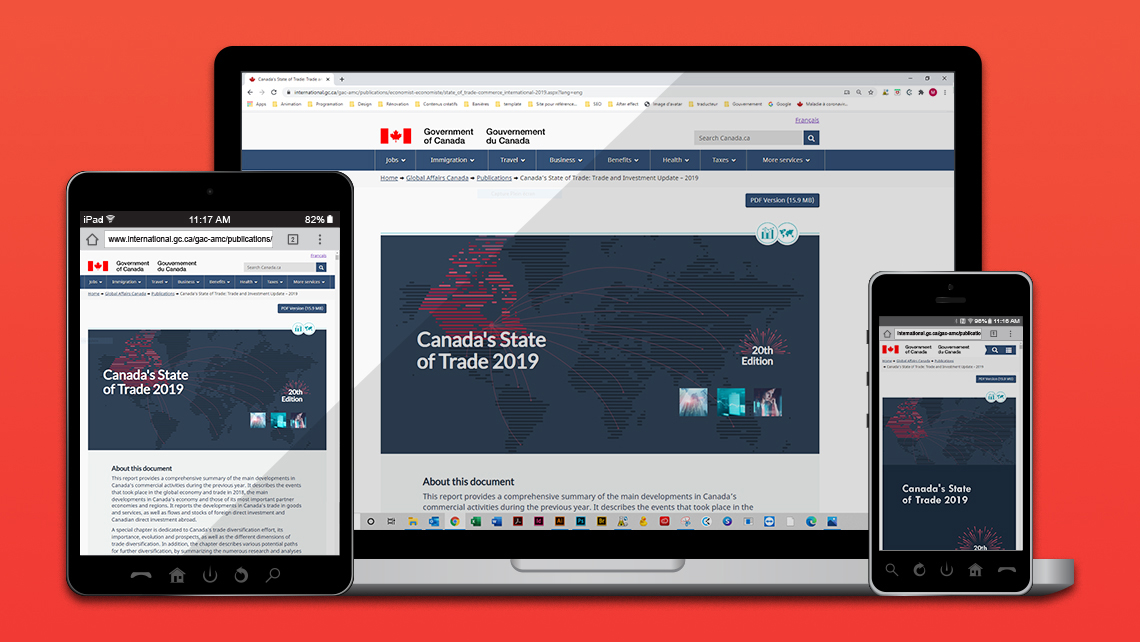 Page web « Canada’s State of Trade 2019 » affichée sur ordinateur, tablette et téléphone, avec un fond cartographique stylisé et le titre de la 20e édition.