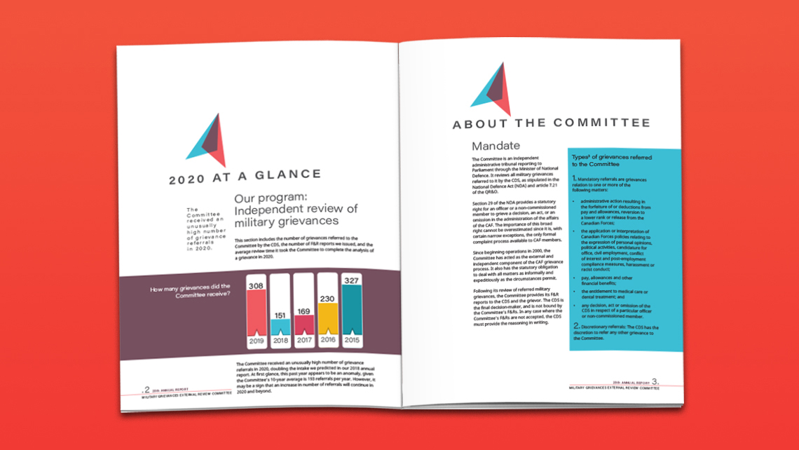 Alternate pages of the 2020 report showing an overview of complaints received between 2015 and 2019 and a section on the OCRC's mandate, including the types of mandatory and discretionary complaints.