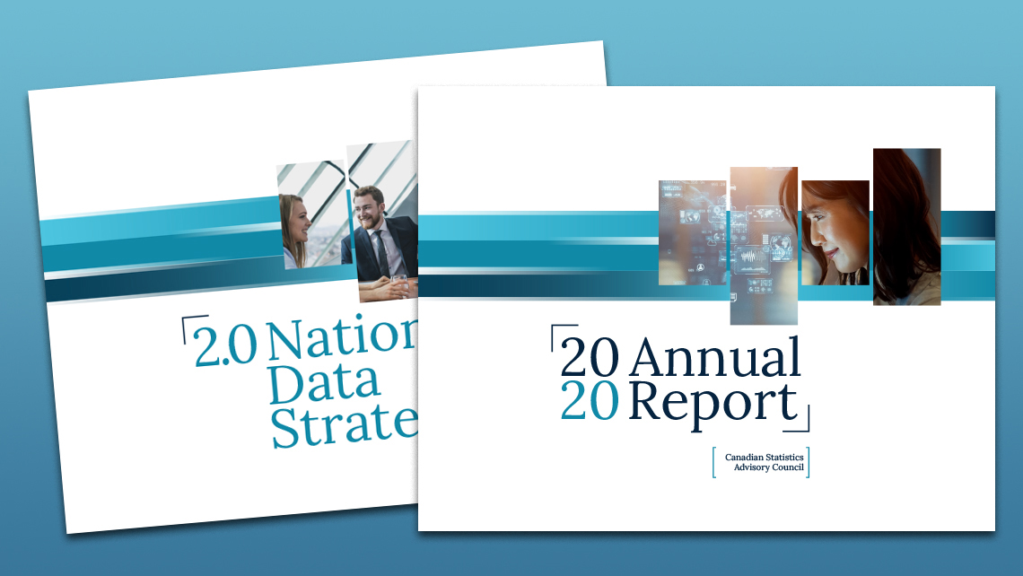 Deux couvertures de publications du CSAC : la stratégie nationale des données 2.0 avec une scène professionnelle, et le rapport annuel 2020 illustrant l’analyse de données numériques.
