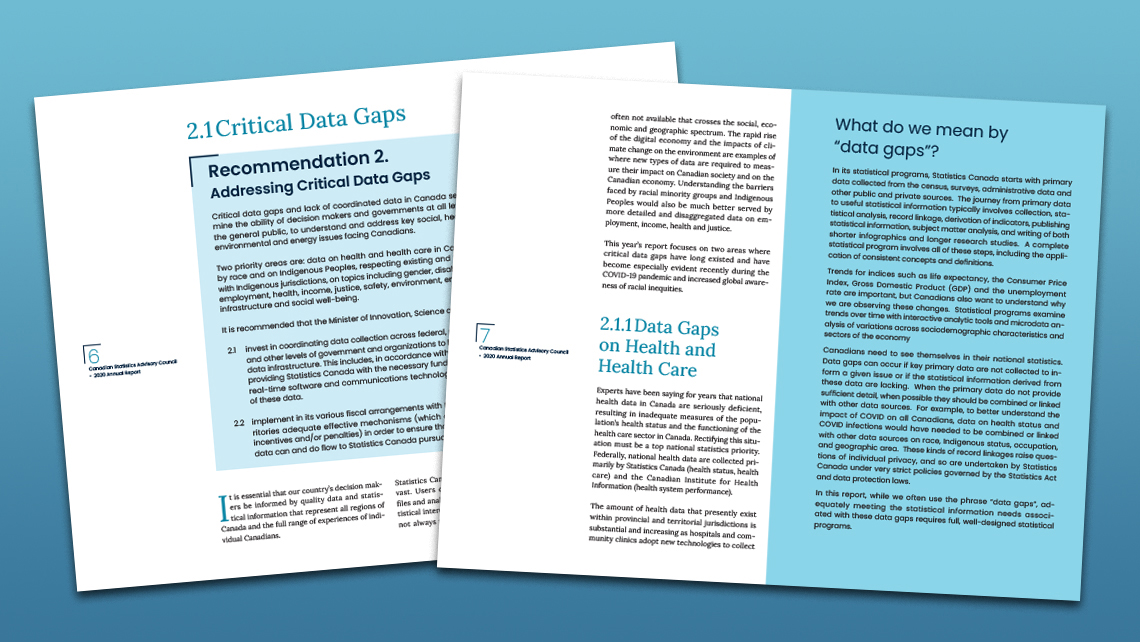 Pages du rapport annuel 2020 du CSAC expliquant les lacunes de données critiques, incluant des sections sur la santé, les peuples autochtones et les mécanismes de coordination des données.