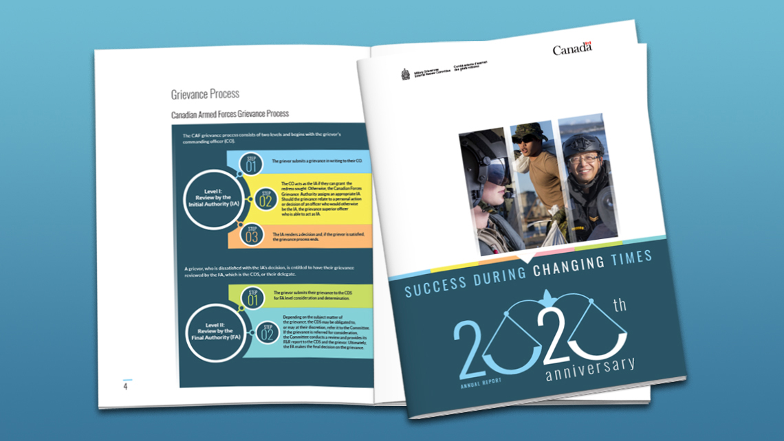 Page detailing the CAF grievance process with IA and FA levels, accompanied by the cover of the 20th anniversary MGERC report featuring members of the Canadian Armed Forces.