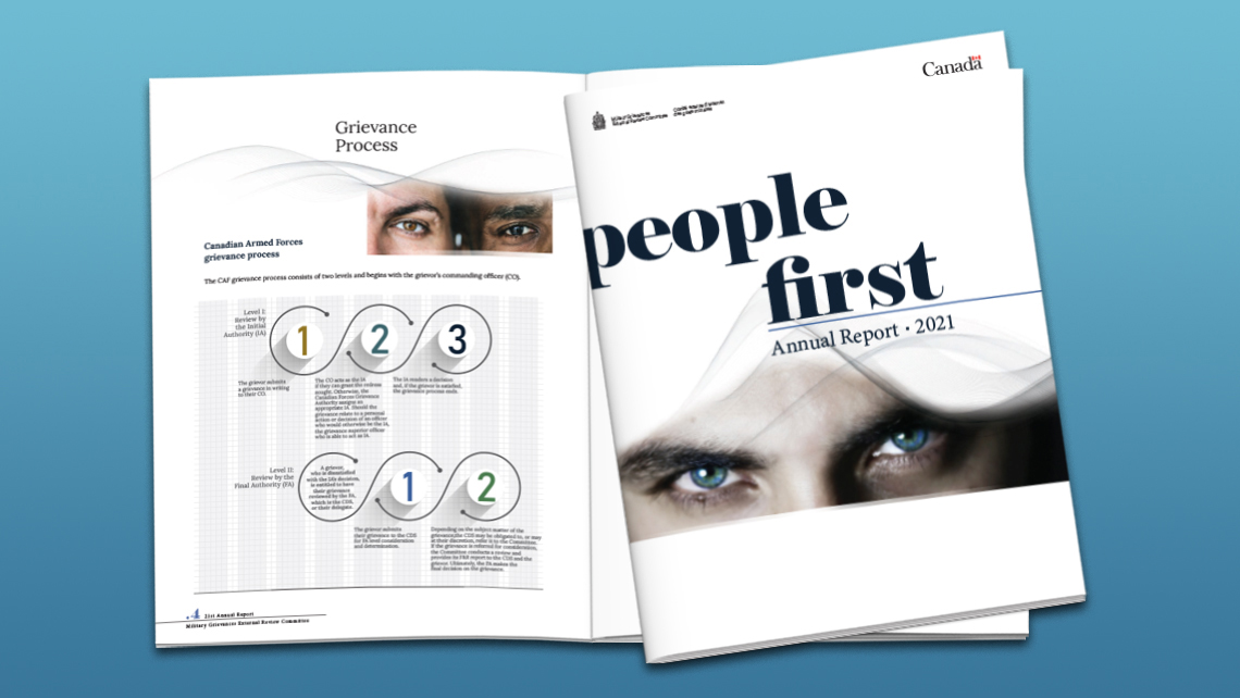 Alternate pages of the 2021 report presenting the CAF grievance process and the alternative coverage « People First ».