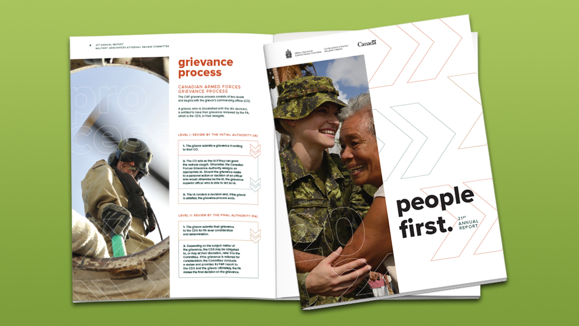 Pages, alternative style, from the 2021 report showing the CAF grievance process with IA and FA levels, accompanied by the 'People First' cover of the CFRC emphasizing members of the Canadian Armed Forces.