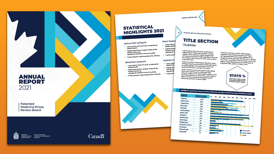 Alternative style pages of the PMPRB 2021 annual report presenting the alternative coverage, sections of statistical highlights, and a chart comparing the share of biosimilars by drug in Canada, in the OECD, and the PMPRB7.