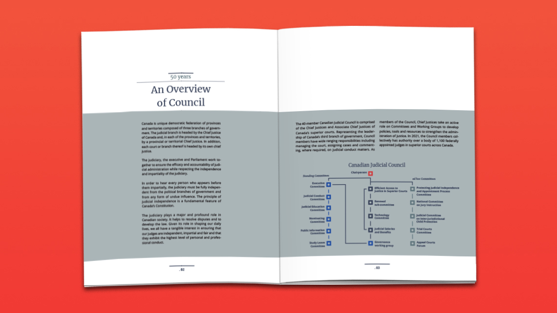 Pages alternatives du rapport du Conseil canadien de la magistrature expliquant la structure du Conseil et de ses comités, avec un diagramme des comités permanents et du comité exécutif.