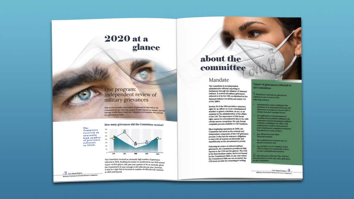 Alternate pages of the 2020 report showing an overview of complaints received between 2015 and 2019, a section on the MGERC's mandate, and photos of military personnel, including a member wearing a COVID-19 mask.