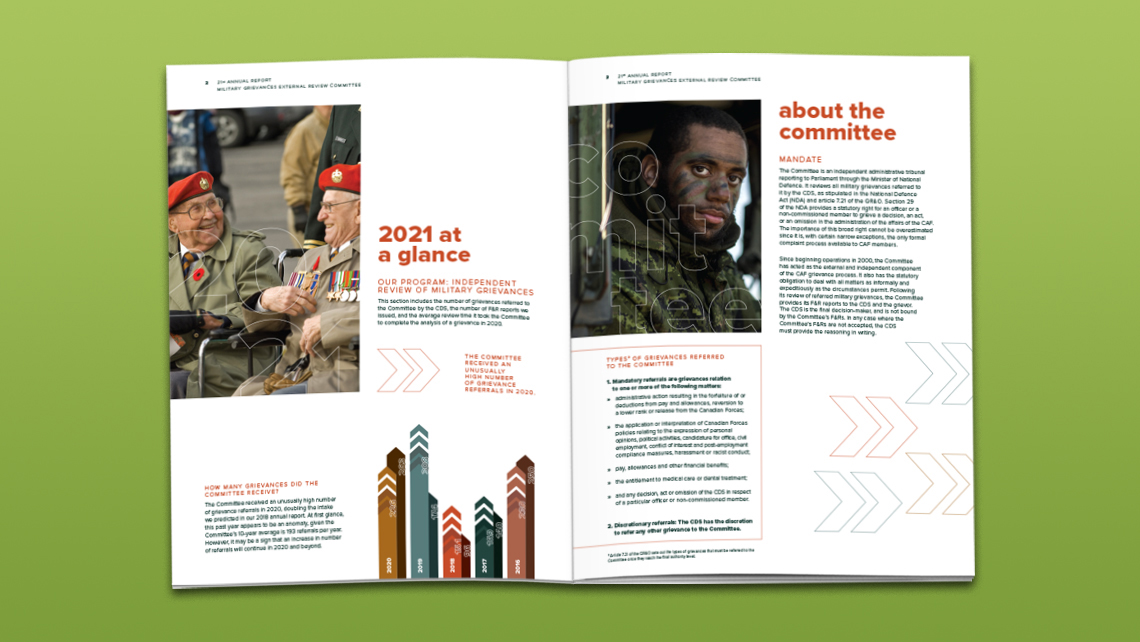 Alternate pages of the 2021 report showing an overview of military grievances, a chart of grievances received between 2018 and 2021, and a section on the mandate of the MGERC, illustrated with photos of veterans and a camouflaged soldier.