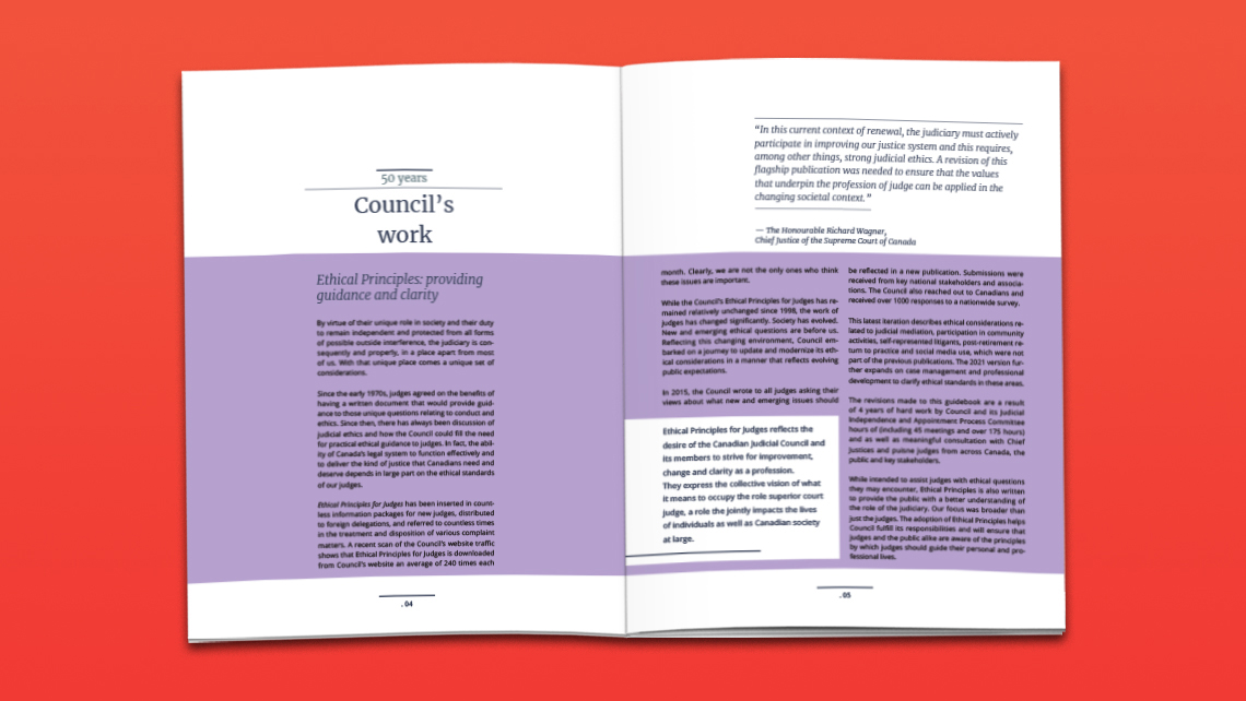 Pages, style alternatif, du rapport du Conseil canadien de la magistrature consacrées aux Principes éthiques, à l’indépendance judiciaire et à la conduite des juges, avec texte explicatif et mise en page institutionnelle.