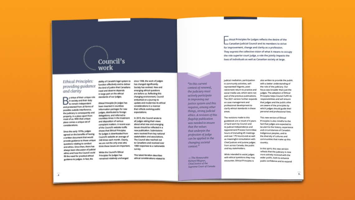 Pages alternatives du rapport « 50 ans – Travail du Conseil » présentant les Principes éthiques pour les juges et une citation du juge en chef Richard Wagner sur le renouvellement et l’éthique judiciaire.