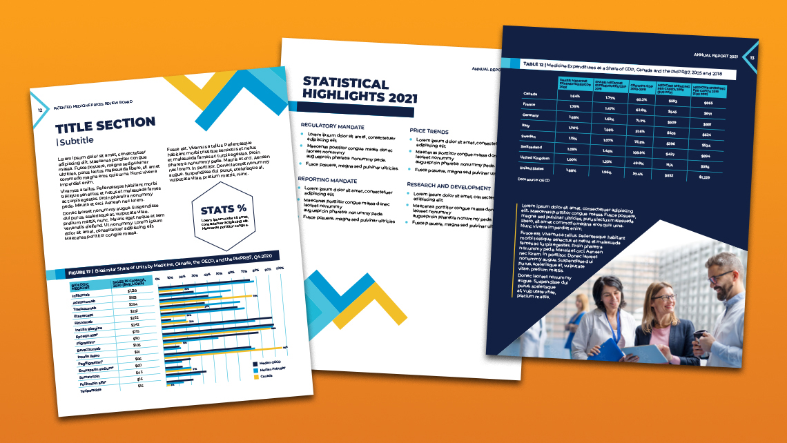 Pages, alternative style, from the PMPRB 2021 annual report presenting statistical highlights, a chart on the bilateral share of medicines, and a table comparing drug expenditures as a share of GDP for several countries.