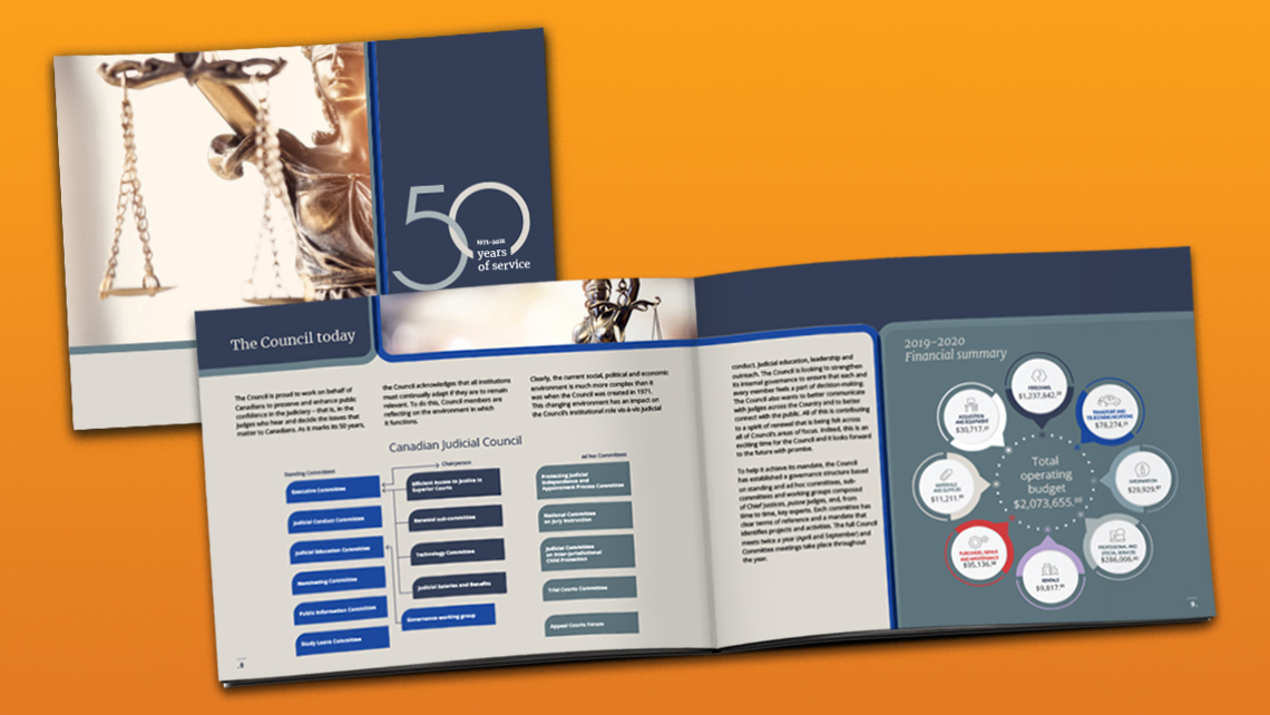 Double page du rapport présentant le processus de traitement des plaintes liées à la conduite judiciaire et un graphique circulaire résumant les statistiques de 2019 à 2020.