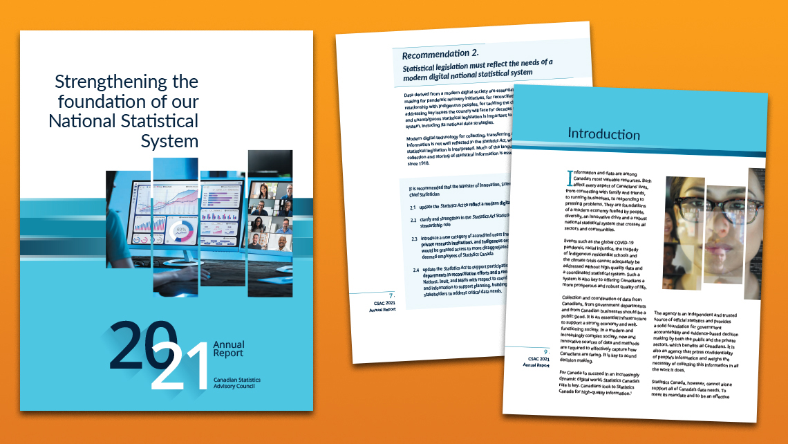 Pages du rapport annuel 2021 du CSAC sur le renforcement du système statistique national, incluant la recommandation 2 sur la modernisation de la législation statistique et une introduction sur les besoins numériques.