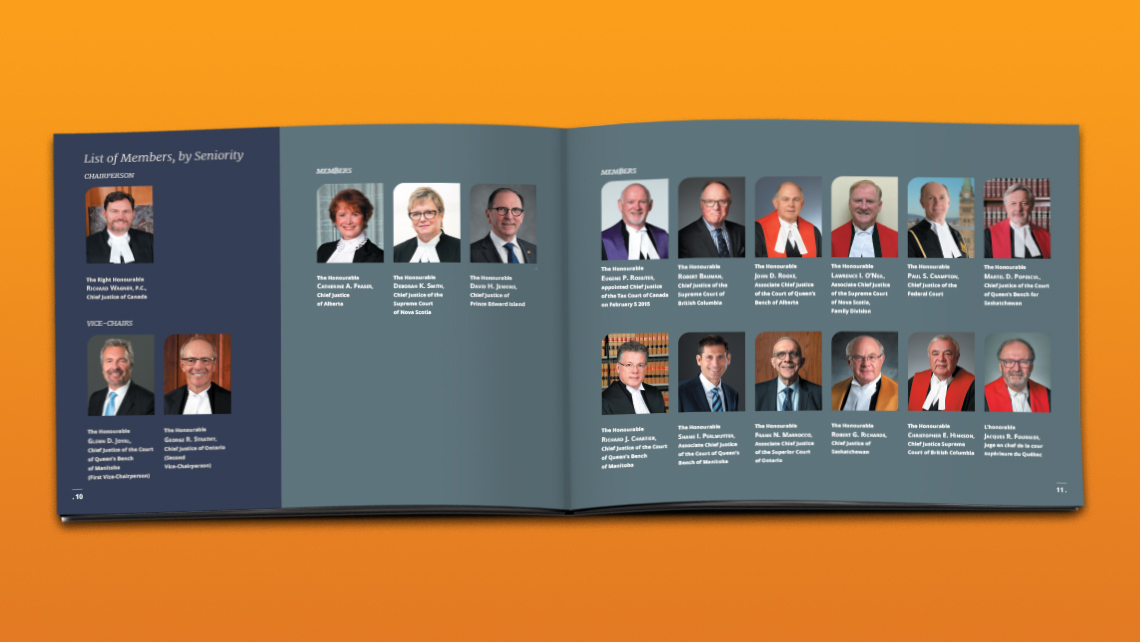 Pages du rapport présentant la liste des membres du Conseil canadien de la magistrature par ancienneté, avec portraits du président, des vice présidents et des juges en chef provinciaux.