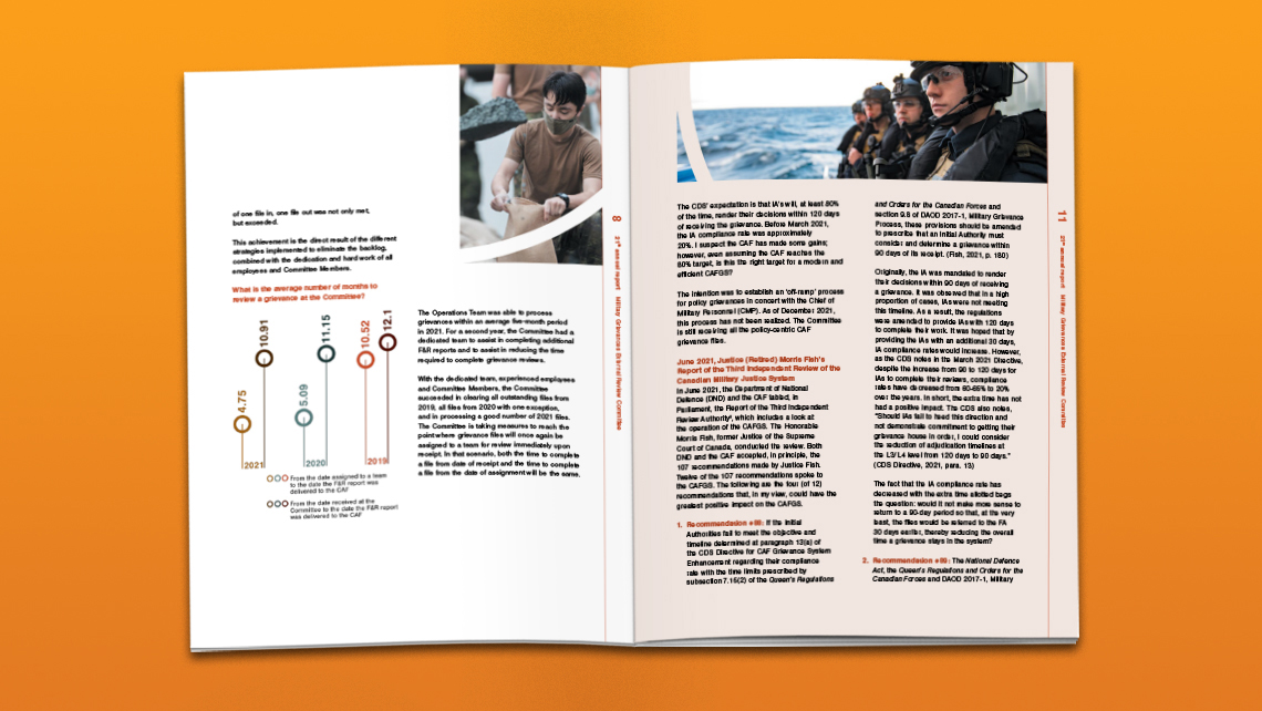 Pages from the "People First" report presenting the CAF grievance process and photos of military personnel.