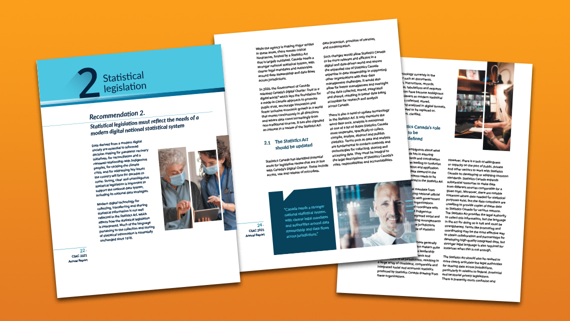 Pages du rapport annuel 2021 du CSAC expliquant la recommandation 2 sur la mise à jour de la législation statistique pour répondre aux besoins numériques, avec photos de professionnels.