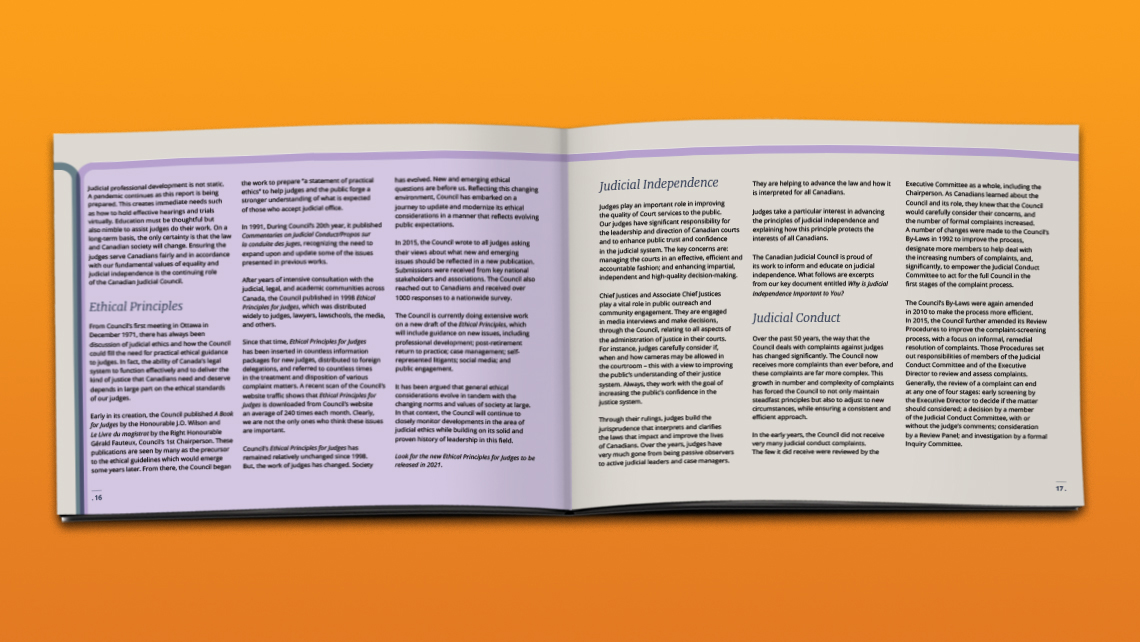 Double page du rapport du Conseil canadien de la magistrature détaillant la révision des Principes éthiques pour les juges et l’adaptation aux nouvelles réalités sociales et technologiques.