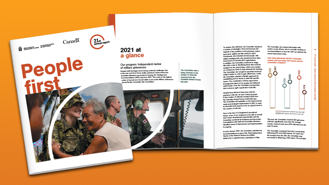 Cover of the 'People First' report by MGERC and internal pages showing an overview of military grievances from 2019–2022, with photos of Canadian Armed Forces members and statistical visualizations.