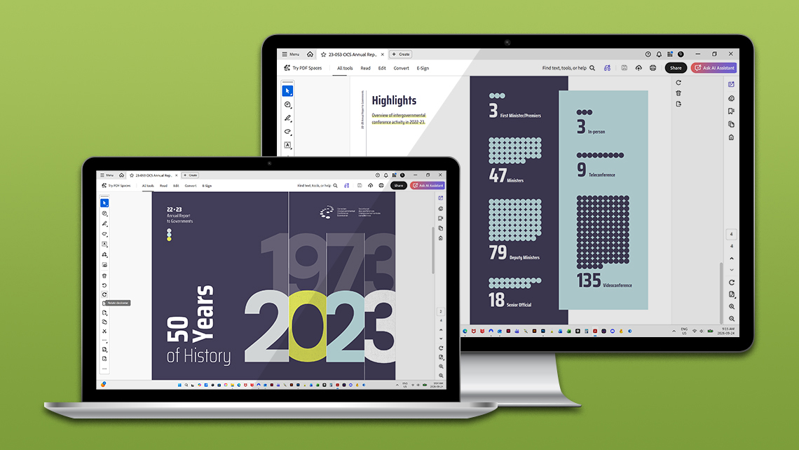 Image showing a laptop and a desktop screen displaying the alternative digital version of the 2022–2023 Annual Report on Intergovernmental Relations, including the cover "50 Years of History" and a highlights page presenting conference statistics by level and format.