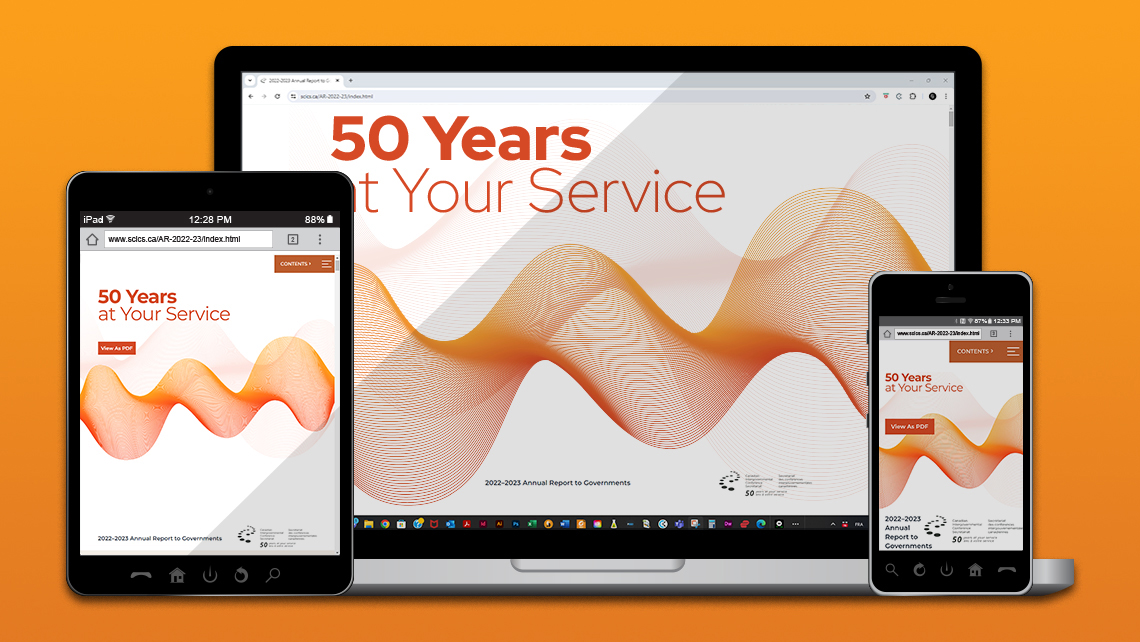 Web page of the 2022-2023 annual report displayed on computer, tablet, and phone, with the title "50 Years at Your Service" and a button to view the PDF.