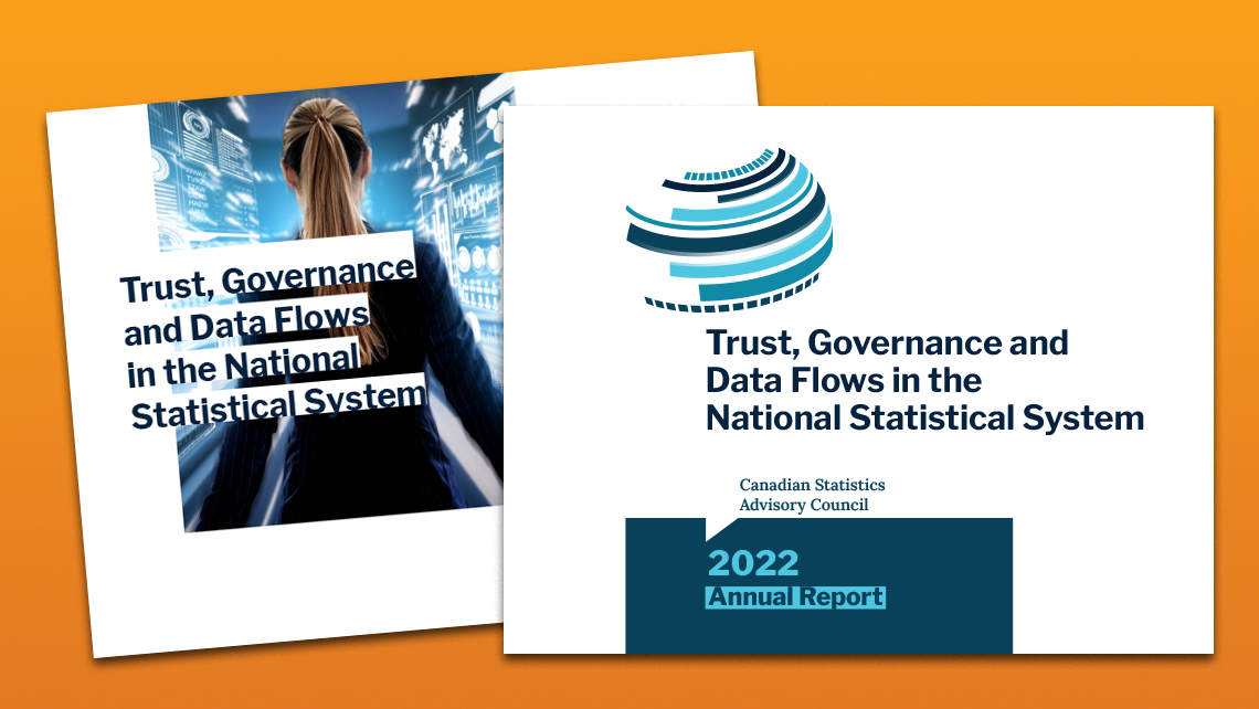 La couverture alternative du rapport annuel 2022 du CSAC sur la confiance, la gouvernance et les flux de données, axée sur l’identité institutionnelle et la page titre, axée sur la visualisation numérique.