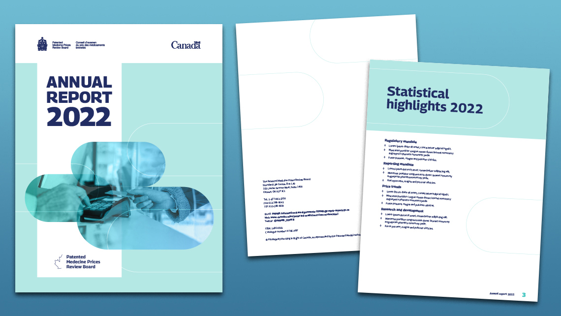 Alternate pages of the PMPRB 2022 annual report showing the cover, the organization's contact information, and statistical highlights on the regulatory mandate, price trends, and research.