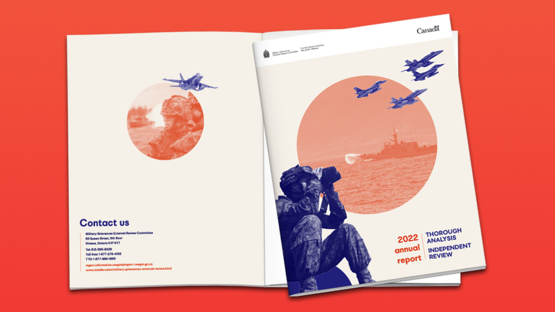 Contact page of the MGERC and alternative cover of the 2022 annual report depicting a soldier with binoculars, a ship, and aircraft, representing land, maritime, and air operations.