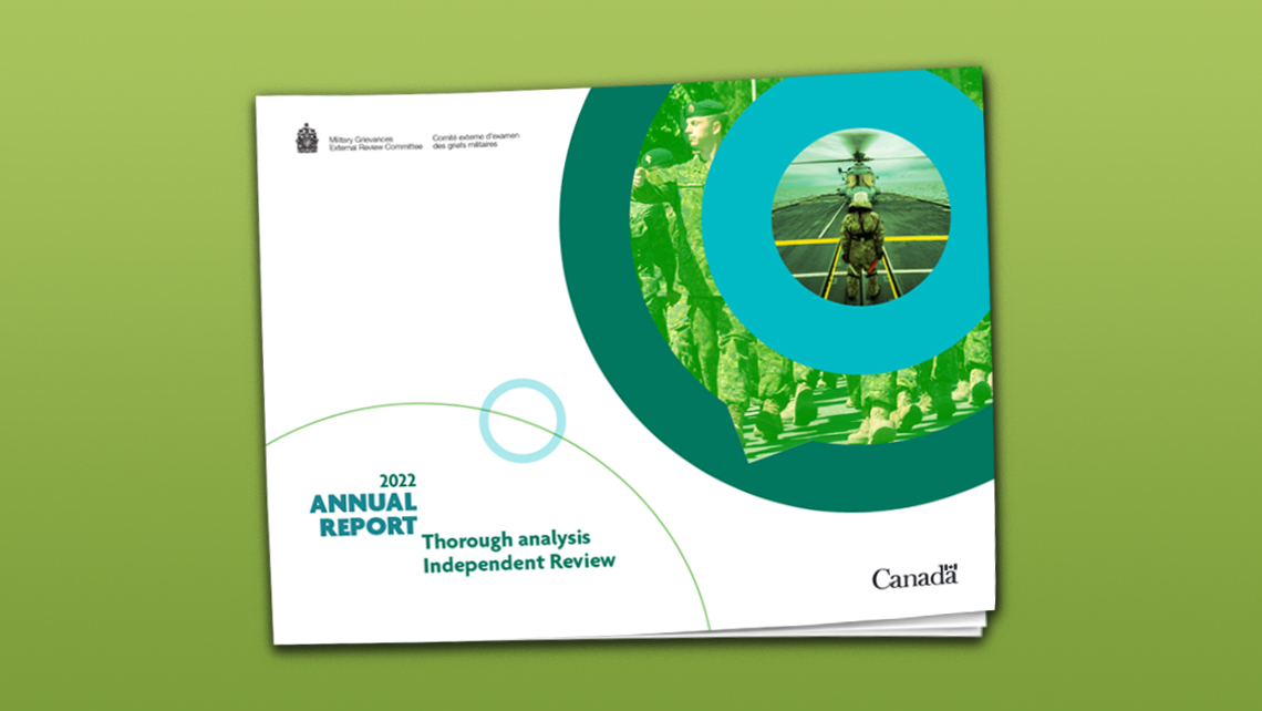 Alternative cover of the MGERC 2022 annual report "Thorough Analysis – Independent Review," with a green and blue circular design and photos of military personnel in operation.