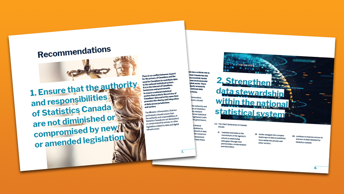 Pages, style alternatif, du rapport annuel 2022 du CSAC présentant des recommandations sur l’autorité de Statistique Canada et le renforcement de la gouvernance des données, avec visuels juridiques et technologiques.