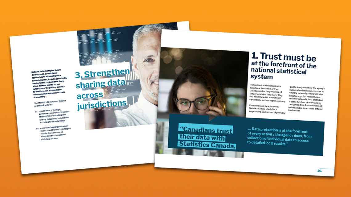 Pages alternatives du rapport 2022 du CSAC illustrant la recommandation sur le partage intergouvernemental des données et l’importance de la confiance dans le système statistique national, avec photos professionnelles.
