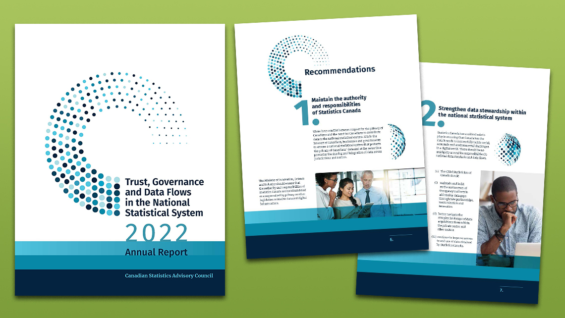 Pages du rapport annuel 2022 du CSAC présentant des recommandations sur l’autorité de Statistique Canada et le renforcement de la gouvernance des données, avec photos de collaboration.
