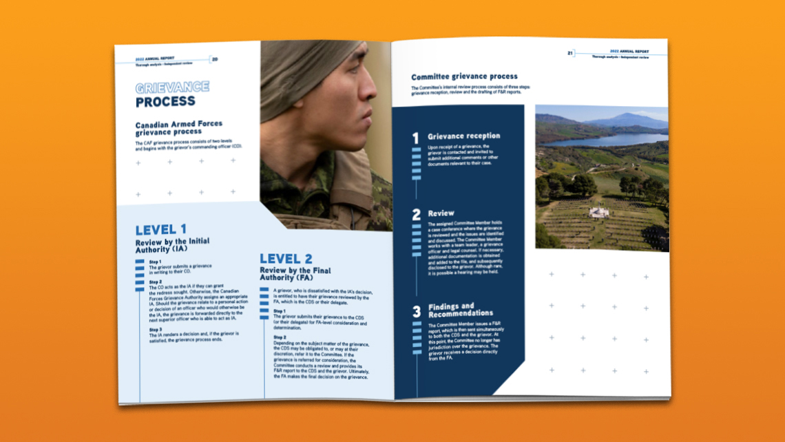 Pages detailing the CAF grievance process (IA and FA levels) and the MGERC internal process in three steps, illustrated with photos of military personnel and a landscape.