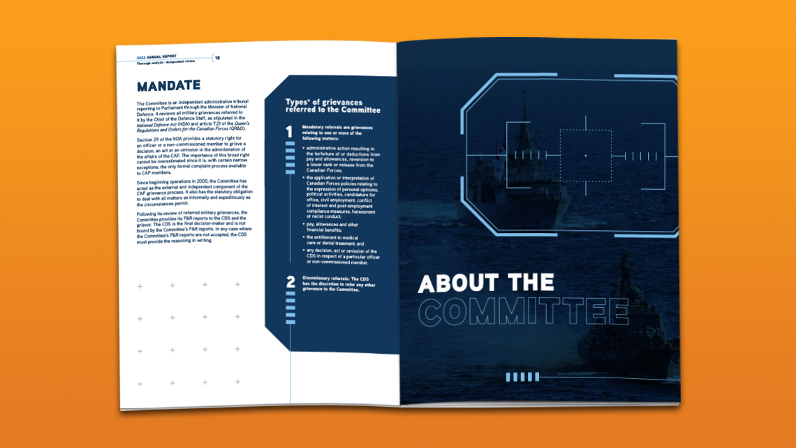 Pages from the 2022 report showing the mandate of the MGERC, the types of mandatory and discretionary grievances, accompanied by a photo of a military ship on a blue background.
