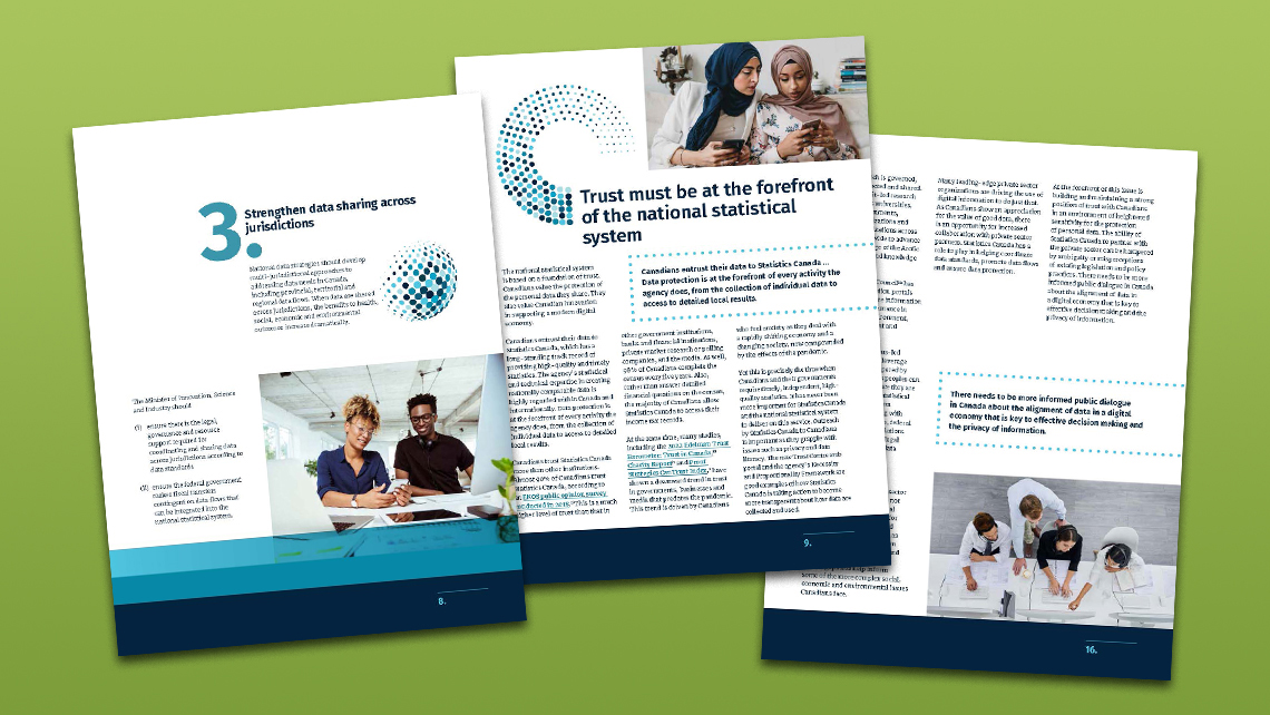 Pages du rapport du CSAC illustrant la recommandation sur le partage intergouvernemental des données et l’importance de la confiance dans le système statistique national, avec photos professionnelles.
