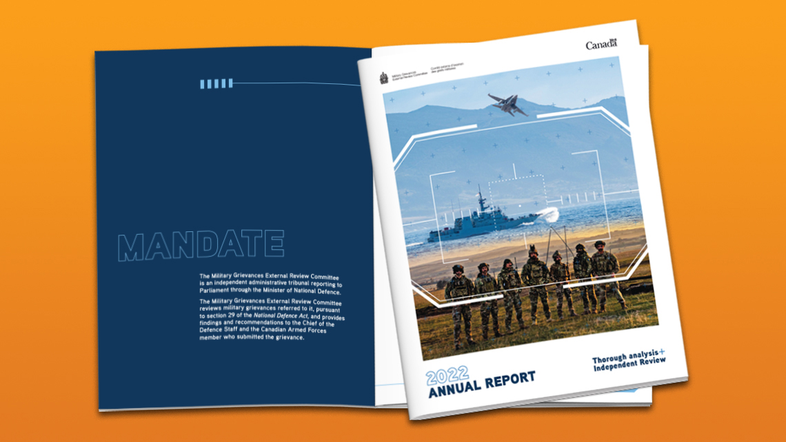 Booklet explaining the mandate of the MGERC and cover of the 2022 annual report depicting military personnel, a ship, and an airplane, with a stylized targeting design.