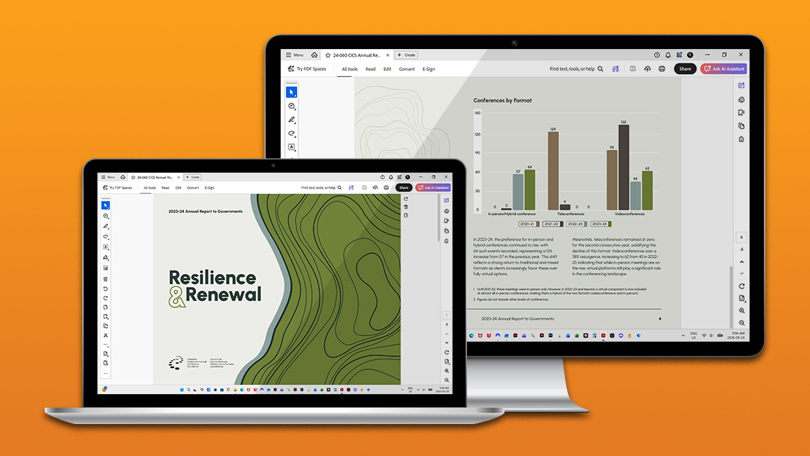 Image showing a laptop and a desktop screen displaying the digital alternative version of the 2023–2024 annual report of the Secretariat of Canadian Intergovernmental Conferences, including the cover "Resilience & Renewal" and an inside page presenting a chart of conferences by format over three years.